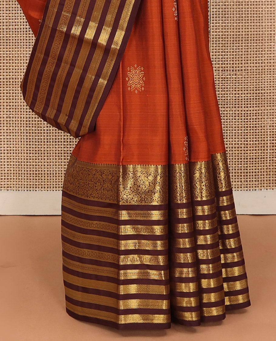 Orange zari buttas Kanchipuram silk saree, contrast varisai pettu border of thilakam mokku, banaras, muthu,  kodi visiry, and mayil designs, and jaal pallu