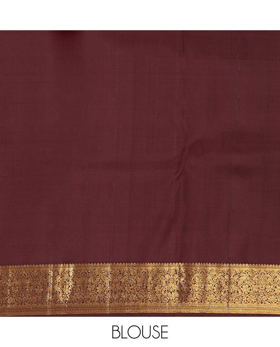 Orange zari buttas Kanchipuram silk saree, contrast varisai pettu border of thilakam mokku, banaras, muthu,  kodi visiry, and mayil designs, and jaal pallu