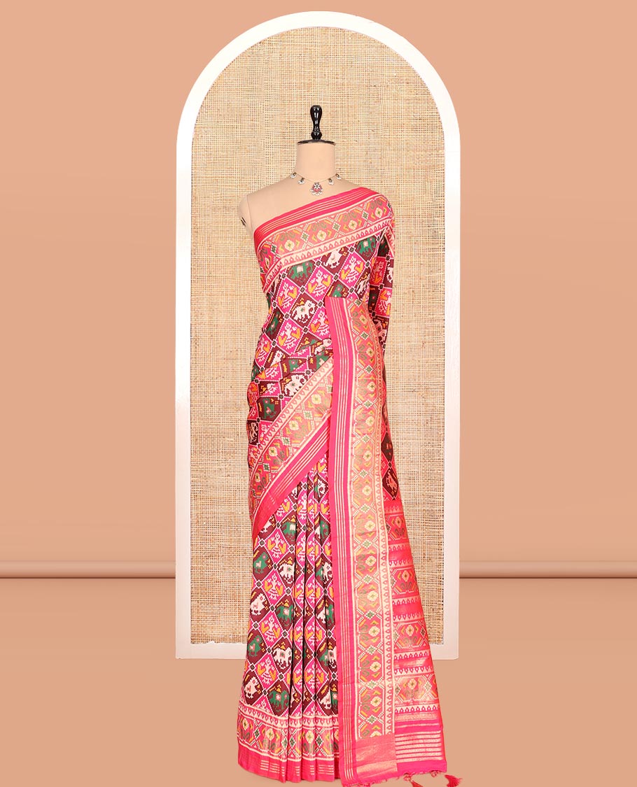 Pink Intricate Motif Semi-Patan Patola Saree, Patola Printed Tissue Border, and a Matching Blouse