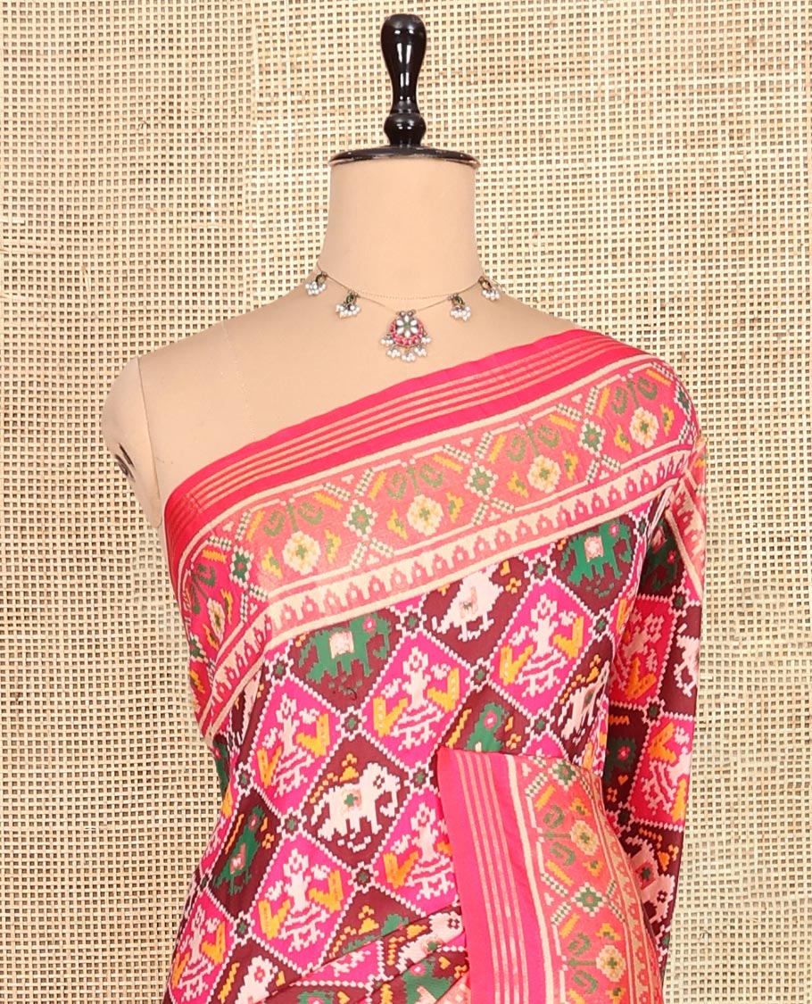 Pink Intricate Motif Semi-Patan Patola Saree, Patola Printed Tissue Border, and a Matching Blouse