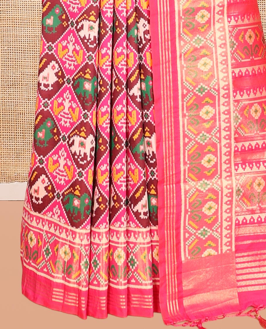 Pink Intricate Motif Semi-Patan Patola Saree, Patola Printed Tissue Border, and a Matching Blouse
