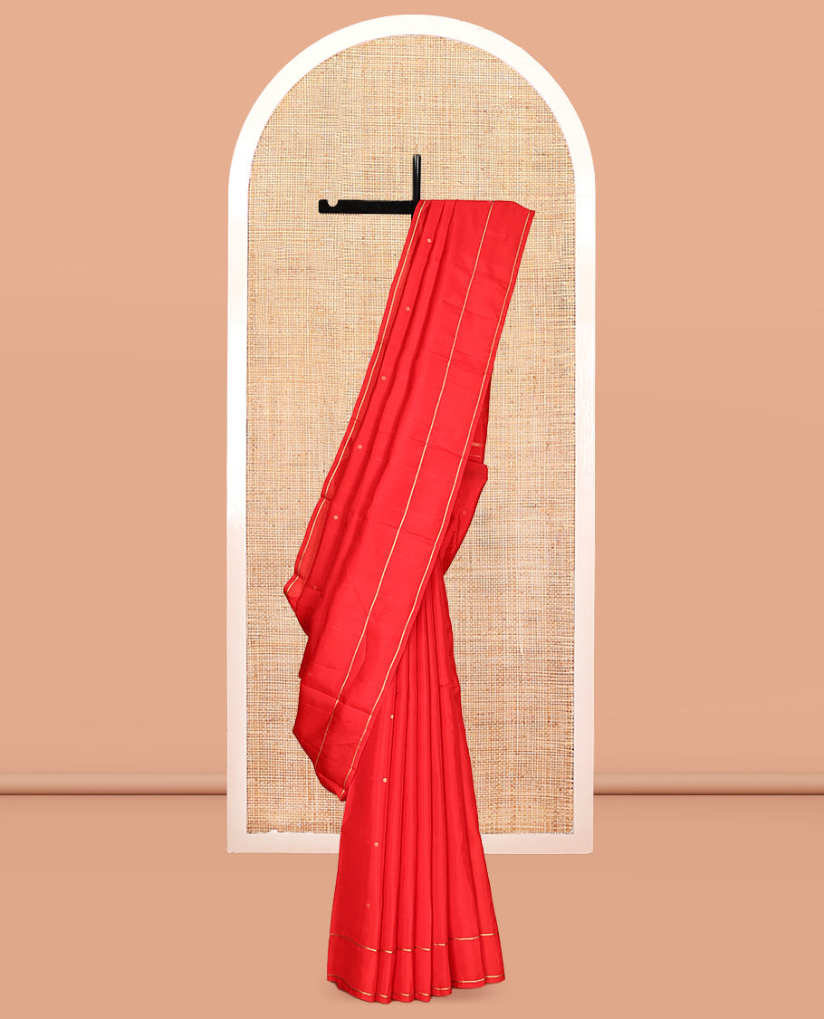 Red Vasundhara Lite Silk Saree, Subtly Sparkled with Paisa Zari Buttas Across Its Body, Highlighted Zari Border of Horizontal Stripes, Gleaming Pallu of Seppu Rekku Designs, and Paired with a Matching Blouse