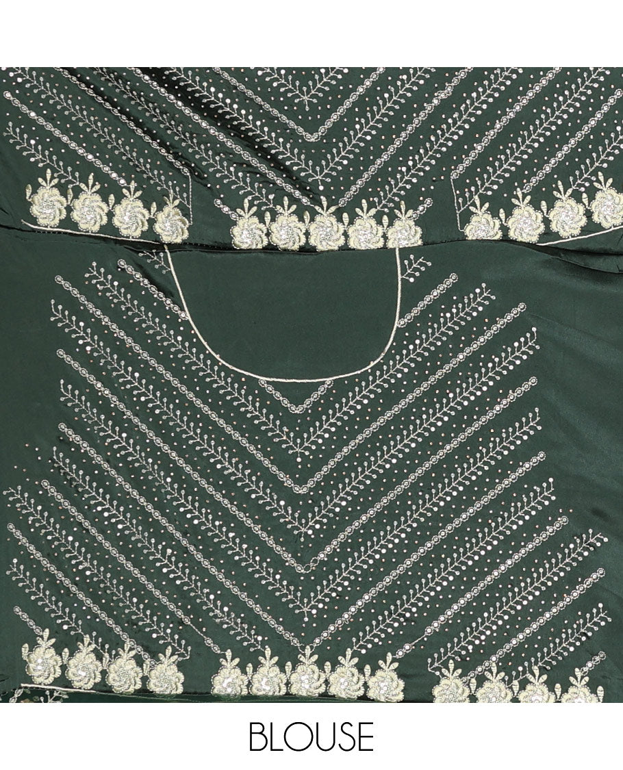 Tea green flower motifs, thread, and sequins embroidered designer saree, floral and geometric thread embroidered scallop border