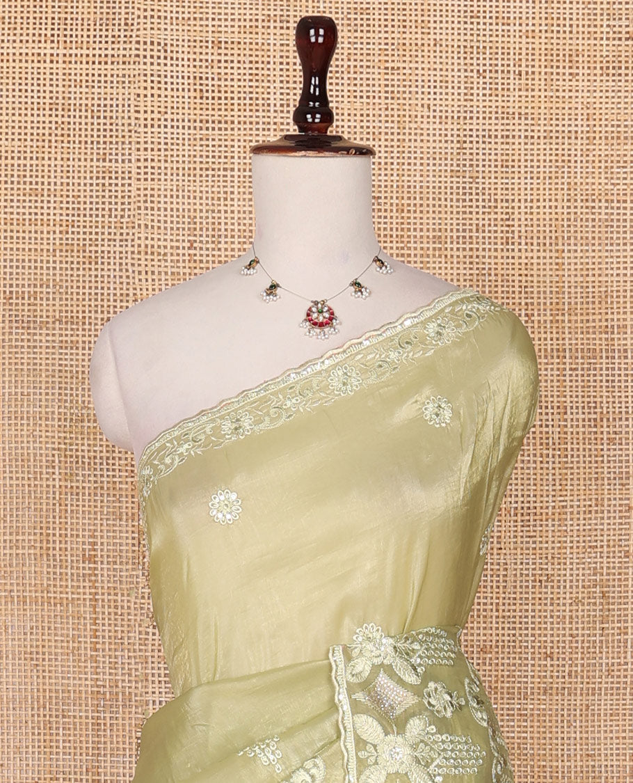 Tea green flower motifs, thread, and sequins embroidered designer saree, floral and geometric thread embroidered scallop border