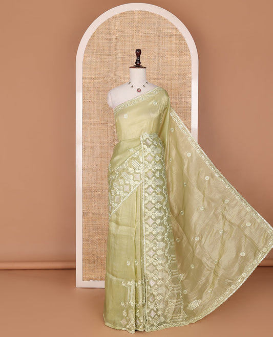 Tea green flower motifs, thread, and sequins embroidered designer saree, floral and geometric thread embroidered scallop border