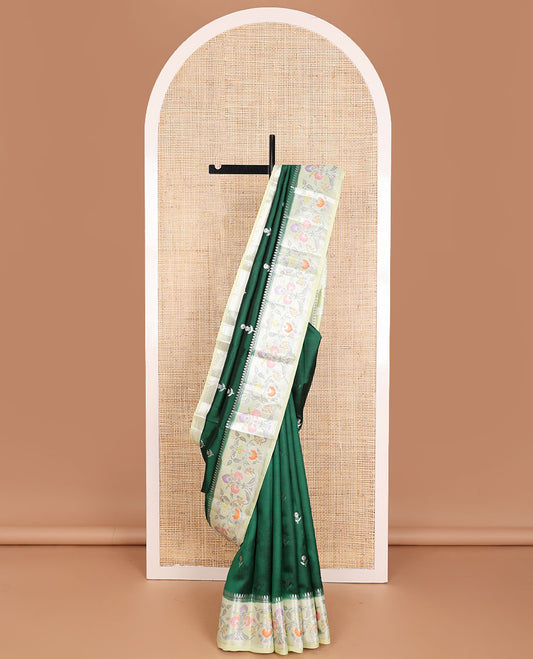Green flower buttas raw mango silk saree, contrast zari border of floral meenalkari designs & zari design pallu