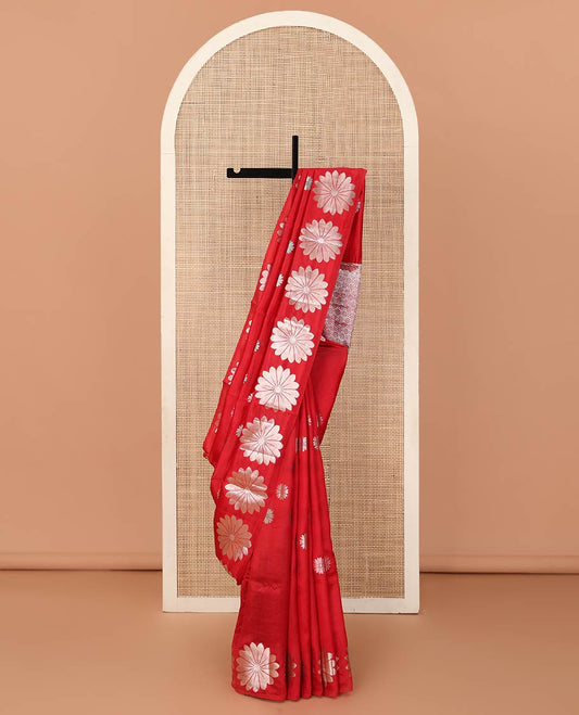 Borderless red flower buttas raw mango silk saree, self-pallu of floral designs