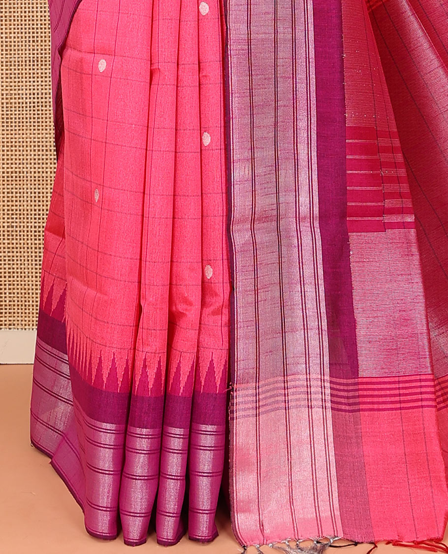 Pink buttas and checked dupion saree, contrast temple border, and pallu of temple designs