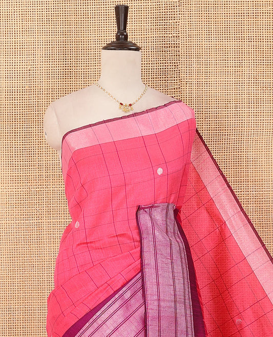 Pink buttas and checked dupion saree, contrast temple border, and pallu of temple designs