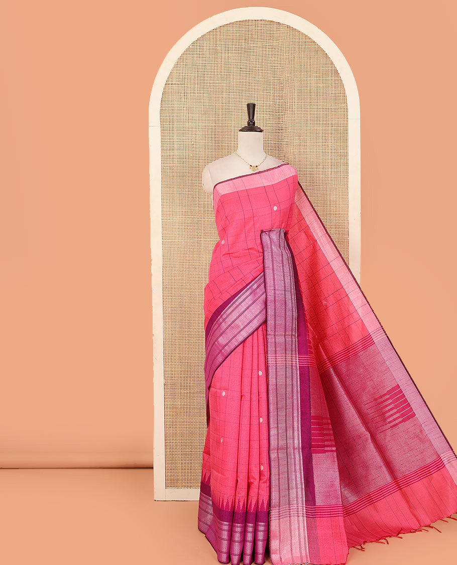 Pink buttas and checked dupion saree, contrast temple border, and pallu of temple designs