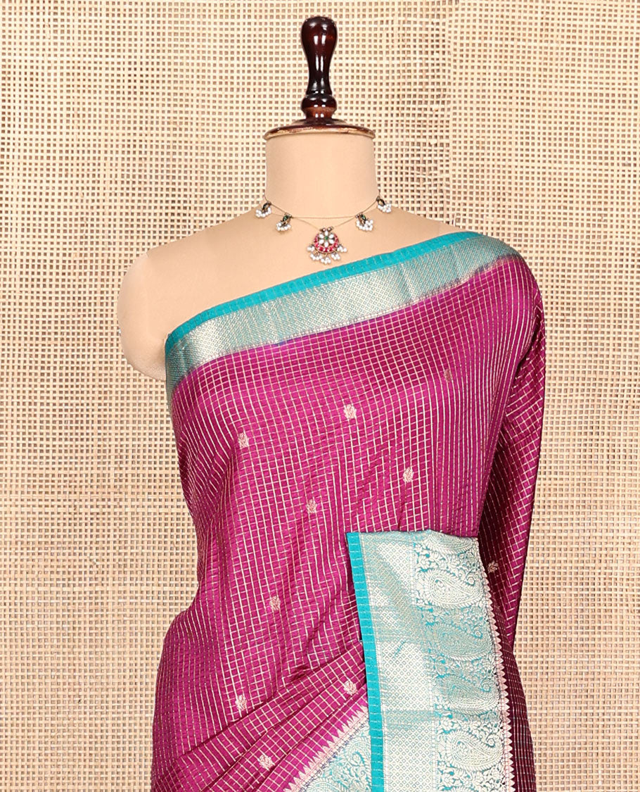Purple Semi-Banarasi Dupion Saree, Bedecked with Zari Buttas and Checks, a Contrast Paisley Zari Border, Striped Pallu, and a Contrast Blouse