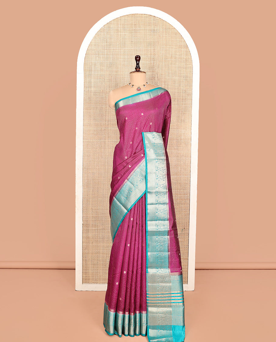 Purple Semi-Banarasi Dupion Saree, Bedecked with Zari Buttas and Checks, a Contrast Paisley Zari Border, Striped Pallu, and a Contrast Blouse