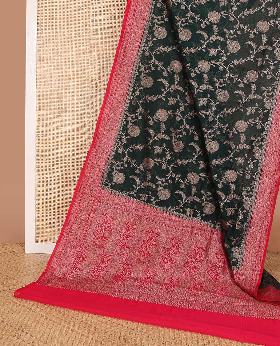 Green floral vine jacquard style woven fancy saree, zari border, and zari woven pallu