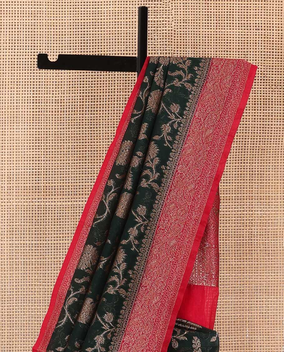 Green floral vine jacquard style woven fancy saree, zari border, and zari woven pallu