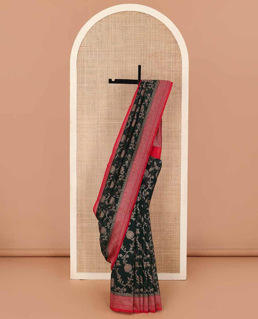 Green floral vine jacquard style woven fancy saree, zari border, and zari woven pallu