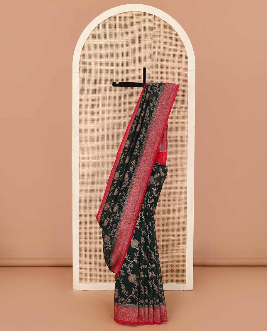 Green floral vine jacquard style woven fancy saree, zari border, and zari woven pallu