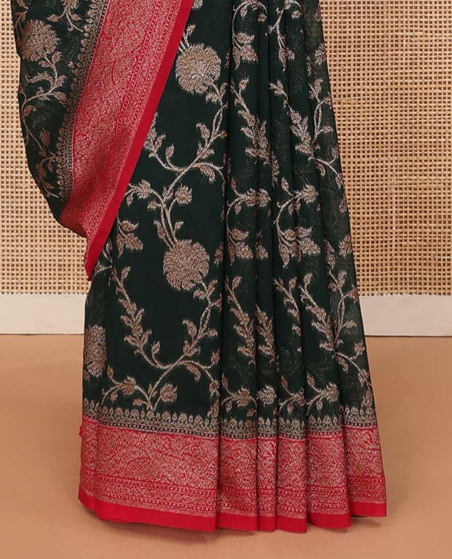 Green floral vine jacquard style woven fancy saree, zari border, and zari woven pallu