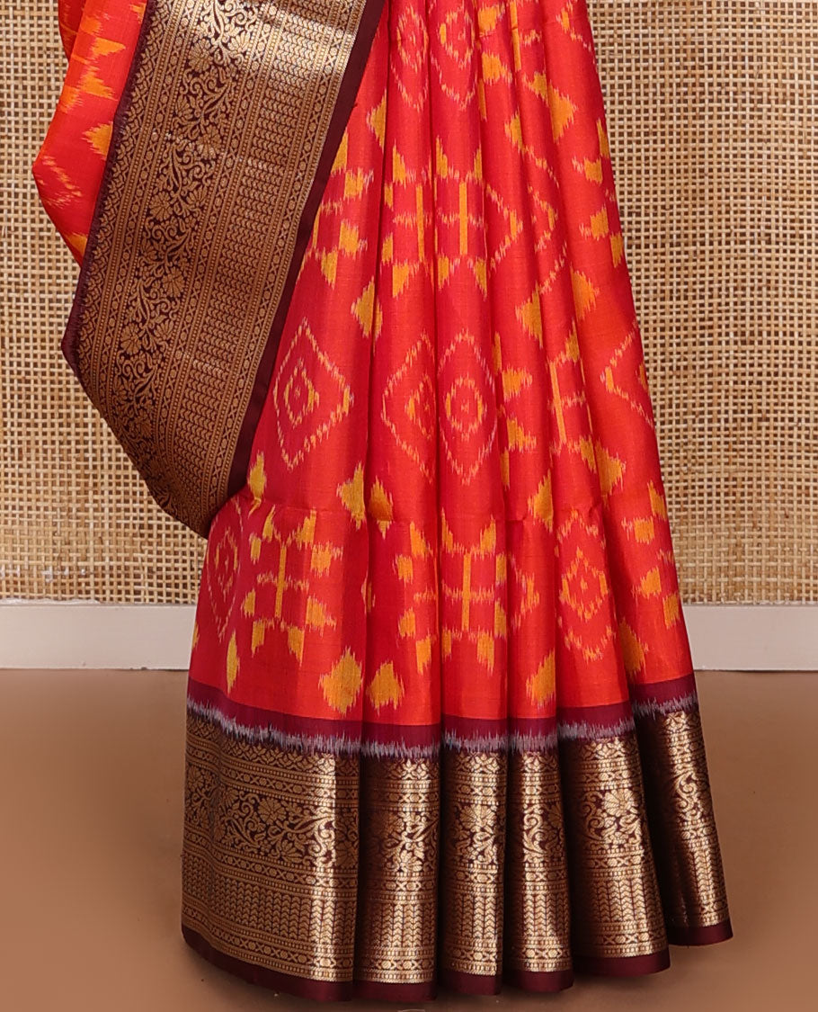 Orange jaal-patterned pure ikkat saree, contrast traditional zari kanchi border & pallu of zari geometric designs