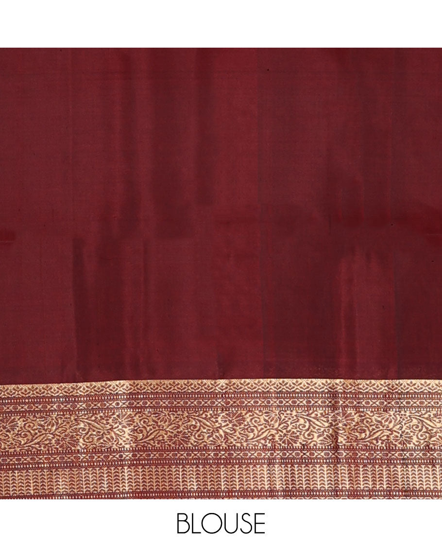 Orange jaal-patterned pure ikkat saree, contrast traditional zari kanchi border & pallu of zari geometric designs