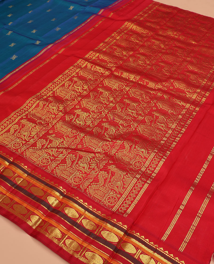 Blue zari buttas Kanchipuram silk saree, contrast border of rekku, muthu, kathir,  rudraksham, and banaras designs, and horse chariot design woven pallu