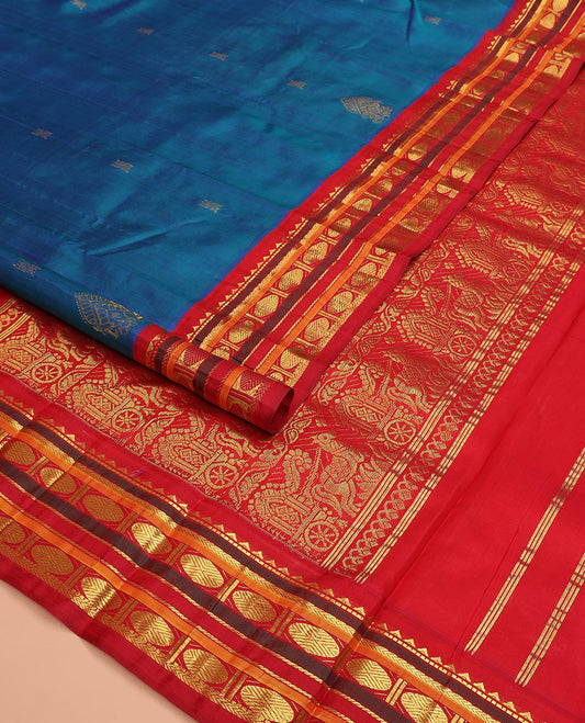 Blue zari buttas Kanchipuram silk saree, contrast border of rekku, muthu, kathir,  rudraksham, and banaras designs, and horse chariot design woven pallu