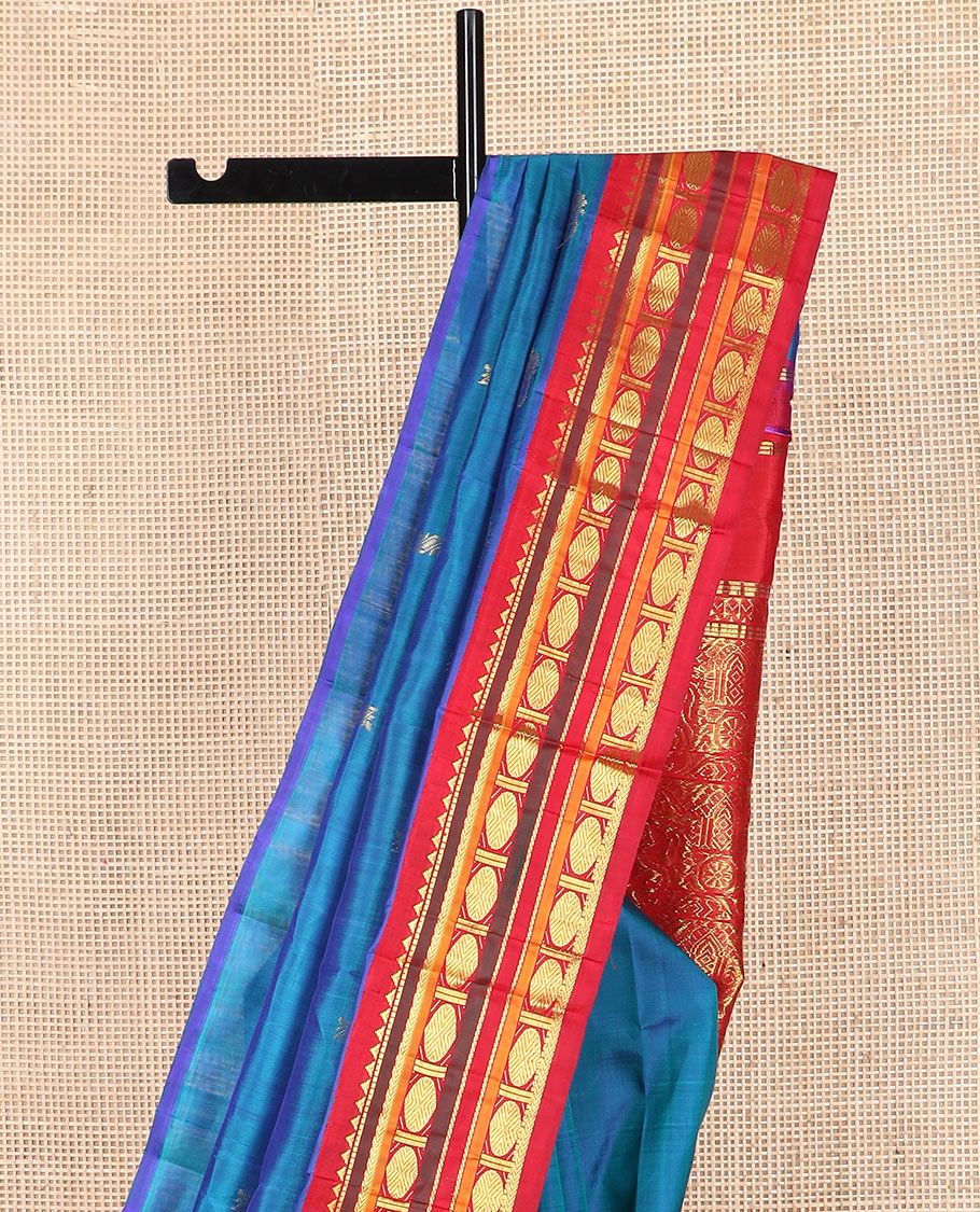 Blue zari buttas Kanchipuram silk saree, contrast border of rekku, muthu, kathir,  rudraksham, and banaras designs, and horse chariot design woven pallu
