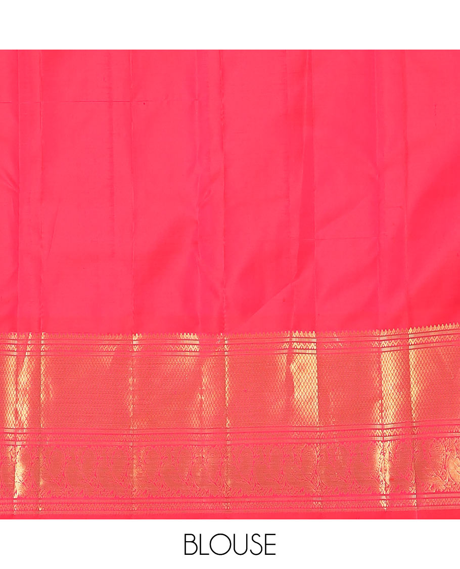 Red zari buttas Kanchipuram silk saree, zari border of muthu, neli, mayil, and mayil kann designs, and chakram design pallu