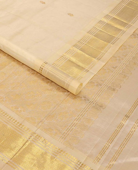 Cream floral buttas kancheepuram silk saree with self border of thilakam mokku, banaras, geometric design & floral pallu