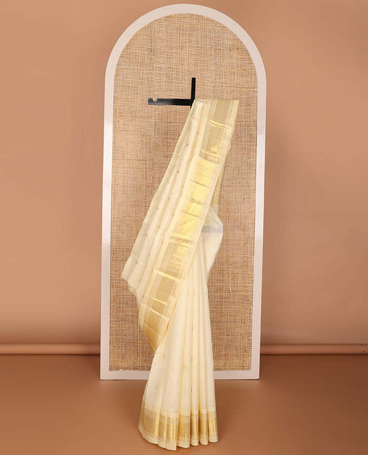 Cream floral buttas kancheepuram silk saree with self border of thilakam mokku, banaras, geometric design & floral pallu