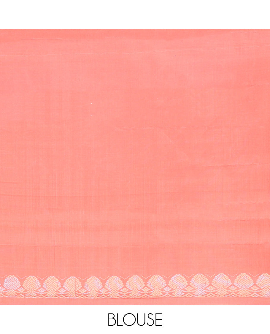 Borderless peach parrot buttas kancheepuram silk saree with argyle design pallu