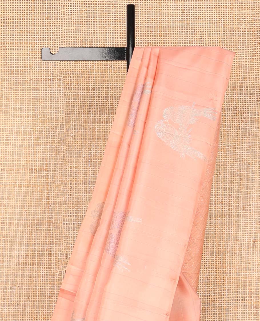 Borderless peach parrot buttas kancheepuram silk saree with argyle design pallu
