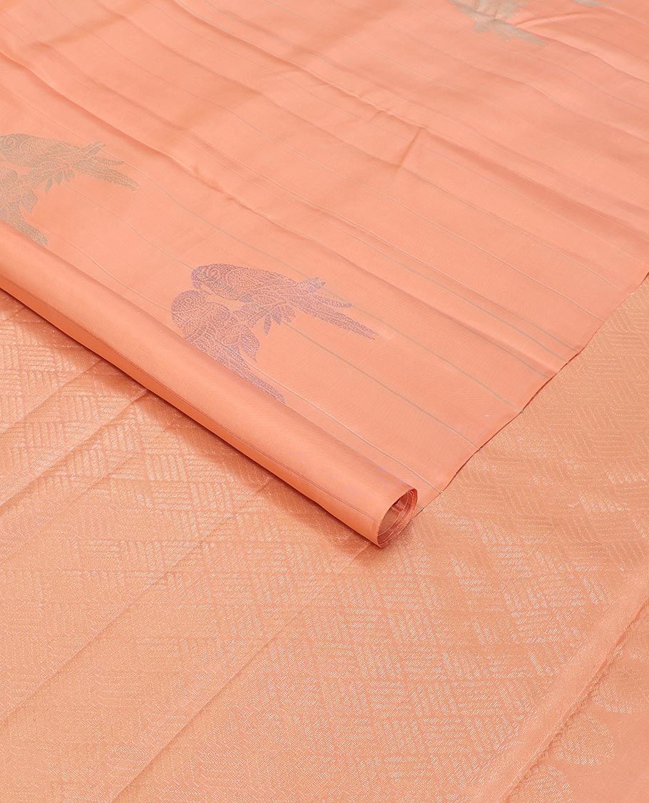Borderless peach parrot buttas kancheepuram silk saree with argyle design pallu
