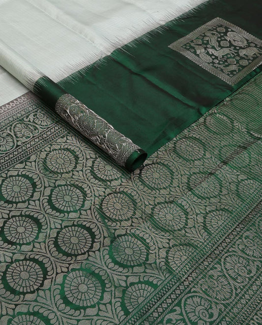 Grey striped silk saree, contrast border of mayil,yaali,kuthirai,annam,yaanai & maan & ogee patterned pallu