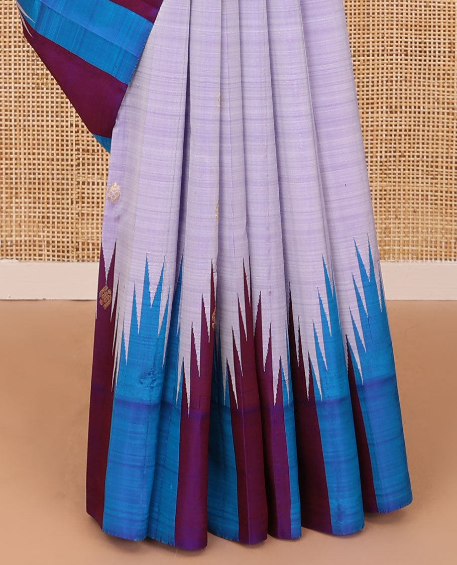 Lavender zari buttas Kanchipuram silk saree, contrast thazampoo rekku zari buttas one-sided border & zari design pallu