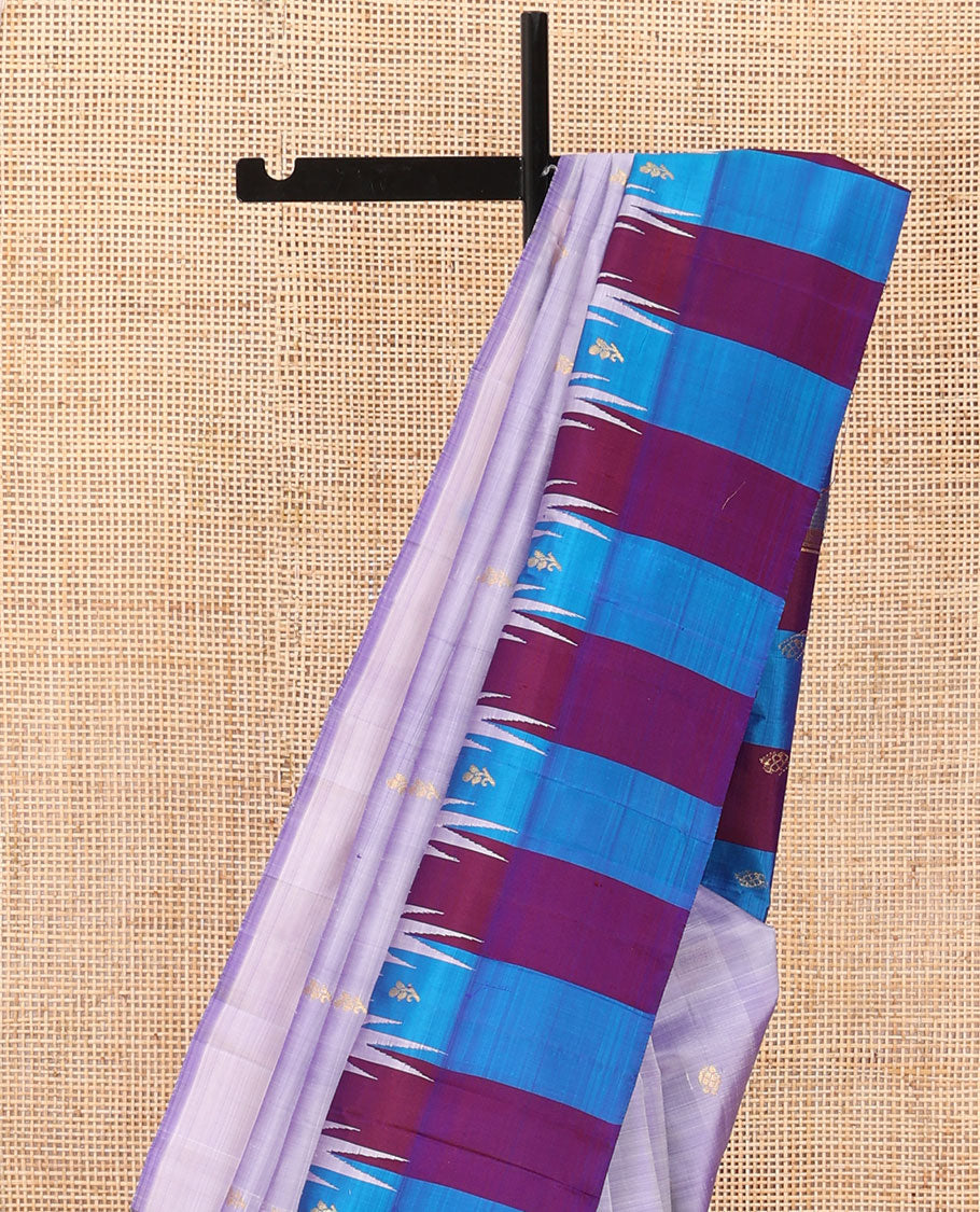 Lavender zari buttas Kanchipuram silk saree, contrast thazampoo rekku zari buttas one-sided border & zari design pallu