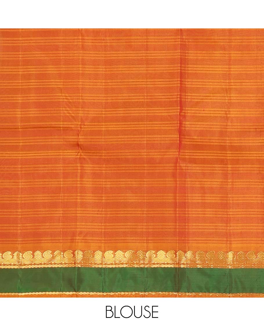 Red checked Kanchipuram silk saree, contrast rettai pettu border of manga, neli, and mayil kann designs, and striped pallu