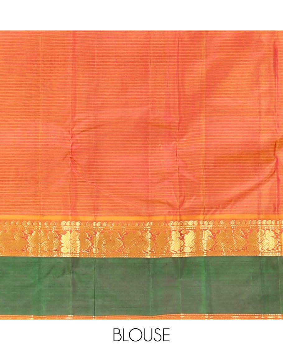 Purple plain Kanchipuram silk saree, contrast rettai pettu border of manga, muthu, and mayil designs, and zari striped pallu