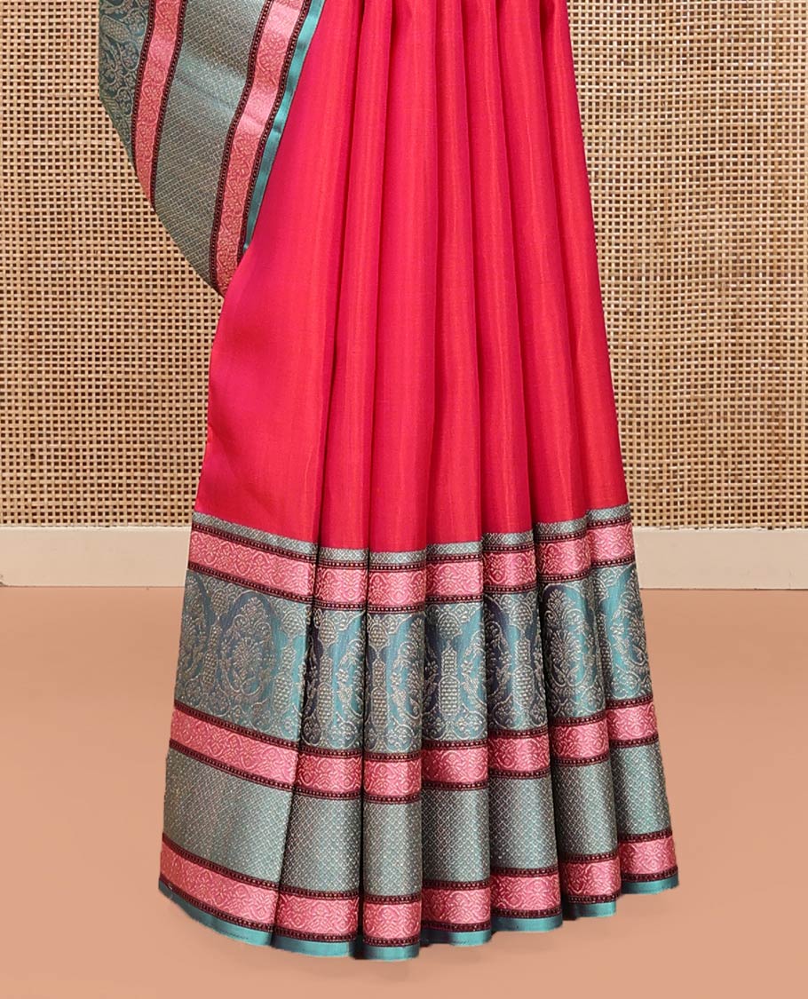 Red Kanchipuram Designer Silk Saree, Subtly Adorned with Buttas All Over Its Body, Complemented by a Captivating Contrast Border of Mughal-Style Designs, Geometric-Patterned Zari-Woven Pallu, and Paired with a Contrast Blouse