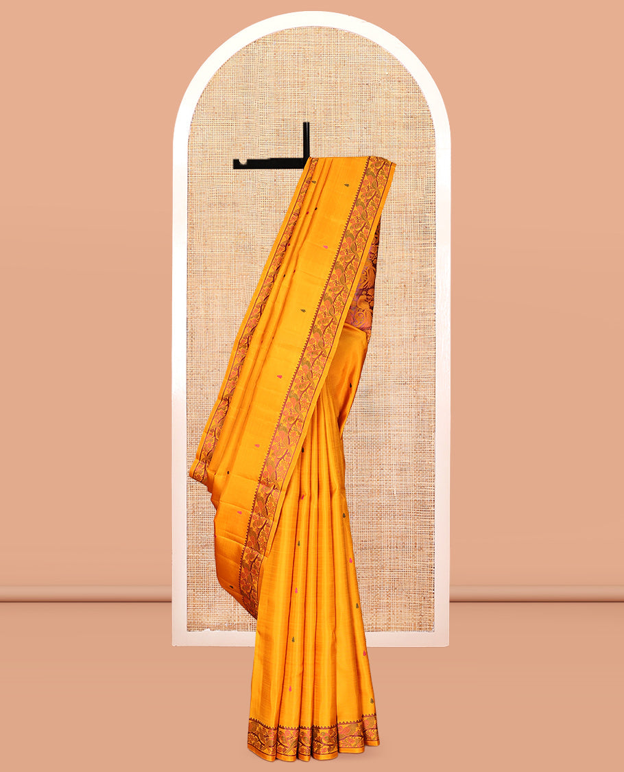 Yellow Buttas Kanchipuram Silk Saree, a Floral-Bird Thread Border, Bird Motif Pallu, Matching Blouse