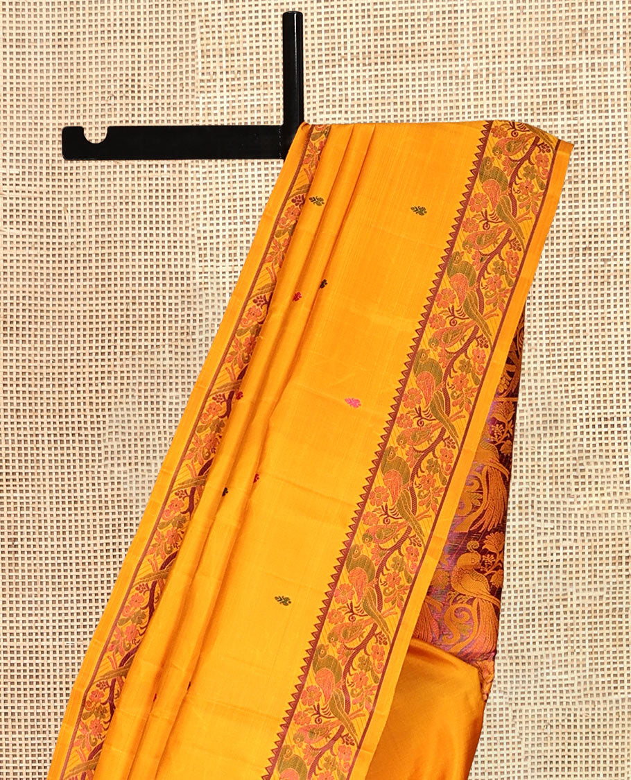 Yellow Buttas Kanchipuram Silk Saree, a Floral-Bird Thread Border, Bird Motif Pallu, Matching Blouse