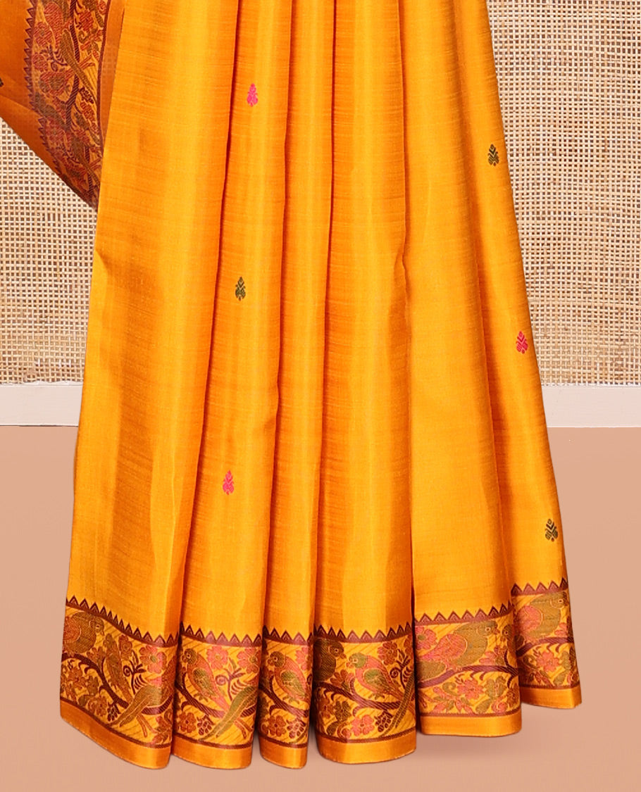 Yellow Buttas Kanchipuram Silk Saree, a Floral-Bird Thread Border, Bird Motif Pallu, Matching Blouse