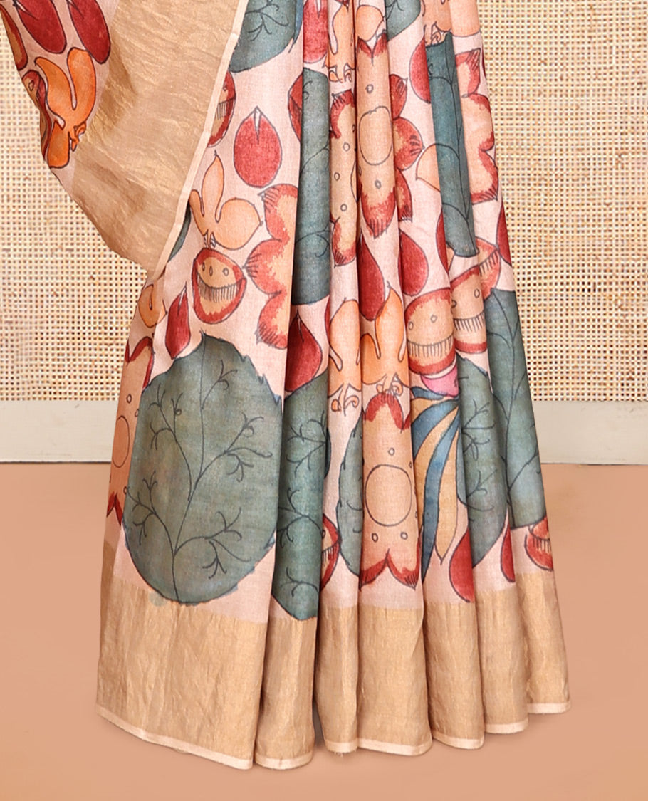 Sandal Floral Motif Pen Kalamkari Silk Saree, a Zari Border, Floral Motifs Pallu, a Matching Blouse
