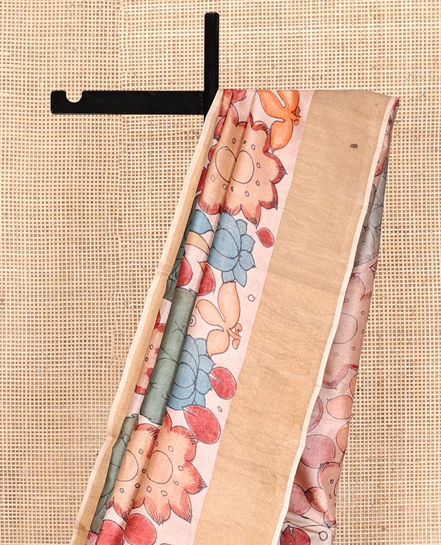 Sandal Floral Motif Pen Kalamkari Silk Saree, a Zari Border, Floral Motifs Pallu, a Matching Blouse