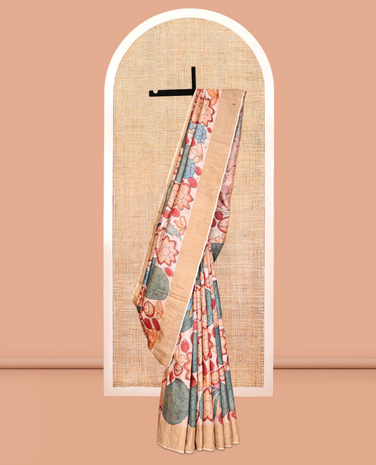 Sandal Floral Motif Pen Kalamkari Silk Saree, a Zari Border, Floral Motifs Pallu, a Matching Blouse