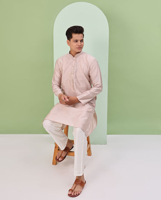 Baby pink embossed design full-sleeved kurta