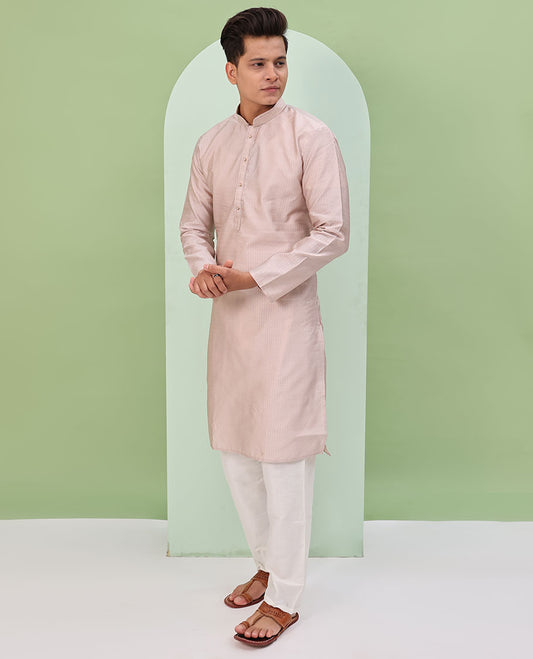Baby pink embossed design full-sleeved kurta