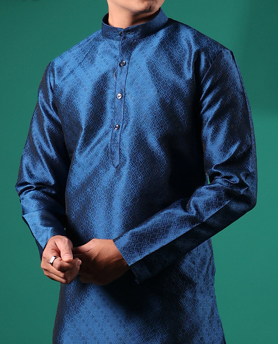 Blue ogee patterned embossed full-sleeved kurta