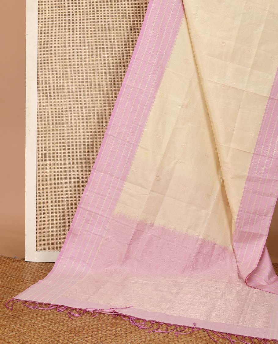 Sandal annam chakram buttas Kanchipuram silk saree, contrast zari striped border, and diagonal striped pallu