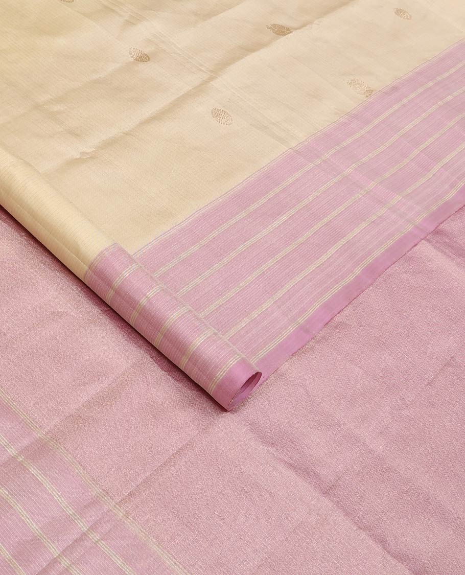 Sandal annam chakram buttas Kanchipuram silk saree, contrast zari striped border, and diagonal striped pallu