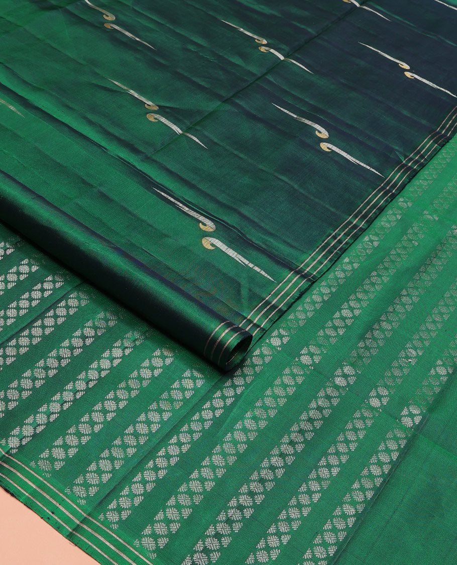 Green muniya buttas soft silk saree, zari striped border, and rudraksham motifs pallu